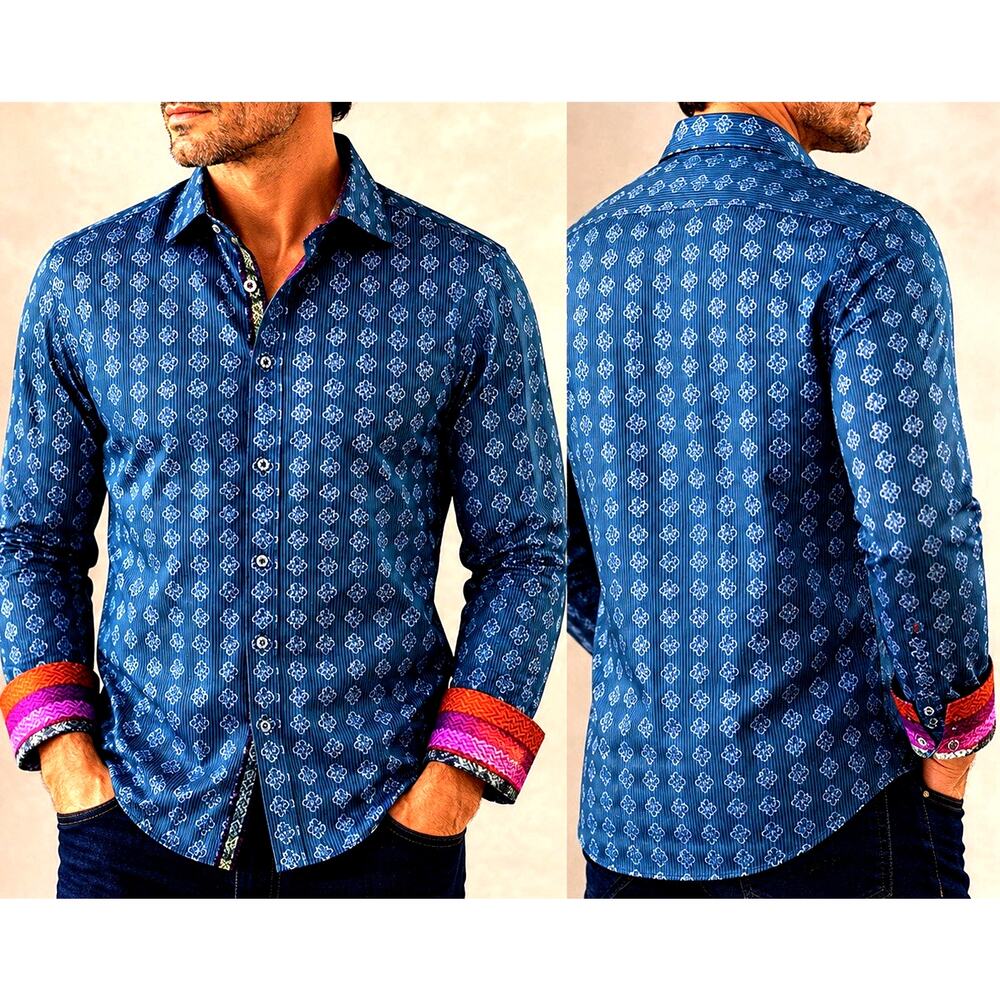 Robert Graham Limited Edition Men L 100% Silk Blue Paisley Flip Cuff Shirt